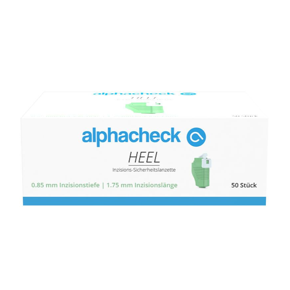 A white box with the brand name 'Berger Med GmbH' in green and blue lettering. The product Alphacheck HEEL incision safety lancets, various sizes, is described as an 'incision safety lancet' with specifications of 0.85 mm incision depth and 1.75 mm incision length for capillary blood collection. The box contains 50 pieces.