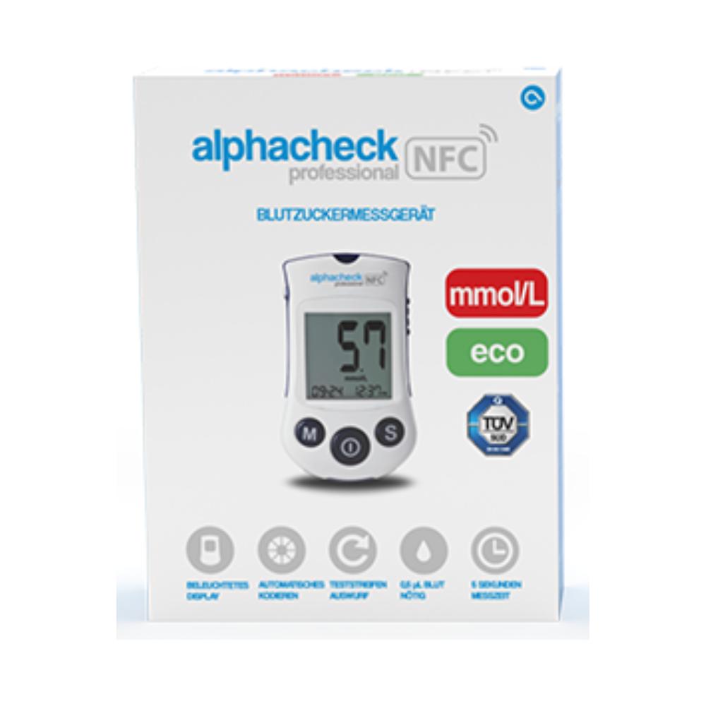 Box with Alphacheck Professional NFC Blood Glucose Meter eco | Pack (1 piece) by Berger Med GmbH. The box shows an image of the device with a reading of 5.7 mmol/L. Highlighted features include a backlit display, code-free operation, NFC capability, and a 5-second measurement time for efficient diabetes management.