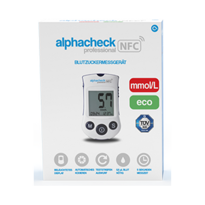 Box with Alphacheck Professional NFC Blood Glucose Meter eco | Pack (1 piece) by Berger Med GmbH. The box shows an image of the device with a reading of 5.7 mmol/L. Highlighted features include a backlit display, code-free operation, NFC capability, and a 5-second measurement time for efficient diabetes management.