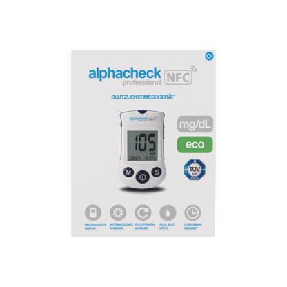 Image of the front side of the packaging for "Alphacheck Professional NFC Blood Glucose Meter eco | Pack (1 piece)" by Berger Med GmbH. The packaging features a digital display with a reading of 105 mg/dL. Labels highlight features like Bluetooth display, automatic coding, and test memory for optimal diabetes management.
