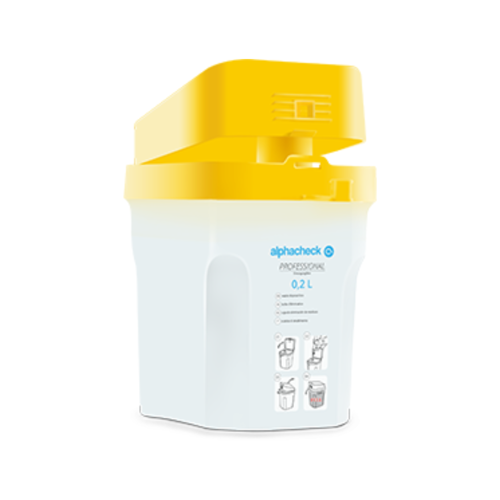 A white plastic container with a yellow lid and the inscription "Alphacheck professional disposal box for pen needles | Package (1 piece)." The container has blue texts and diagrams showing the various application steps. This Alphacheck professional disposal box for pen needles | Package (1 piece) from Berger Med GmbH ensures safe disposal of used alphacheck pen needles.