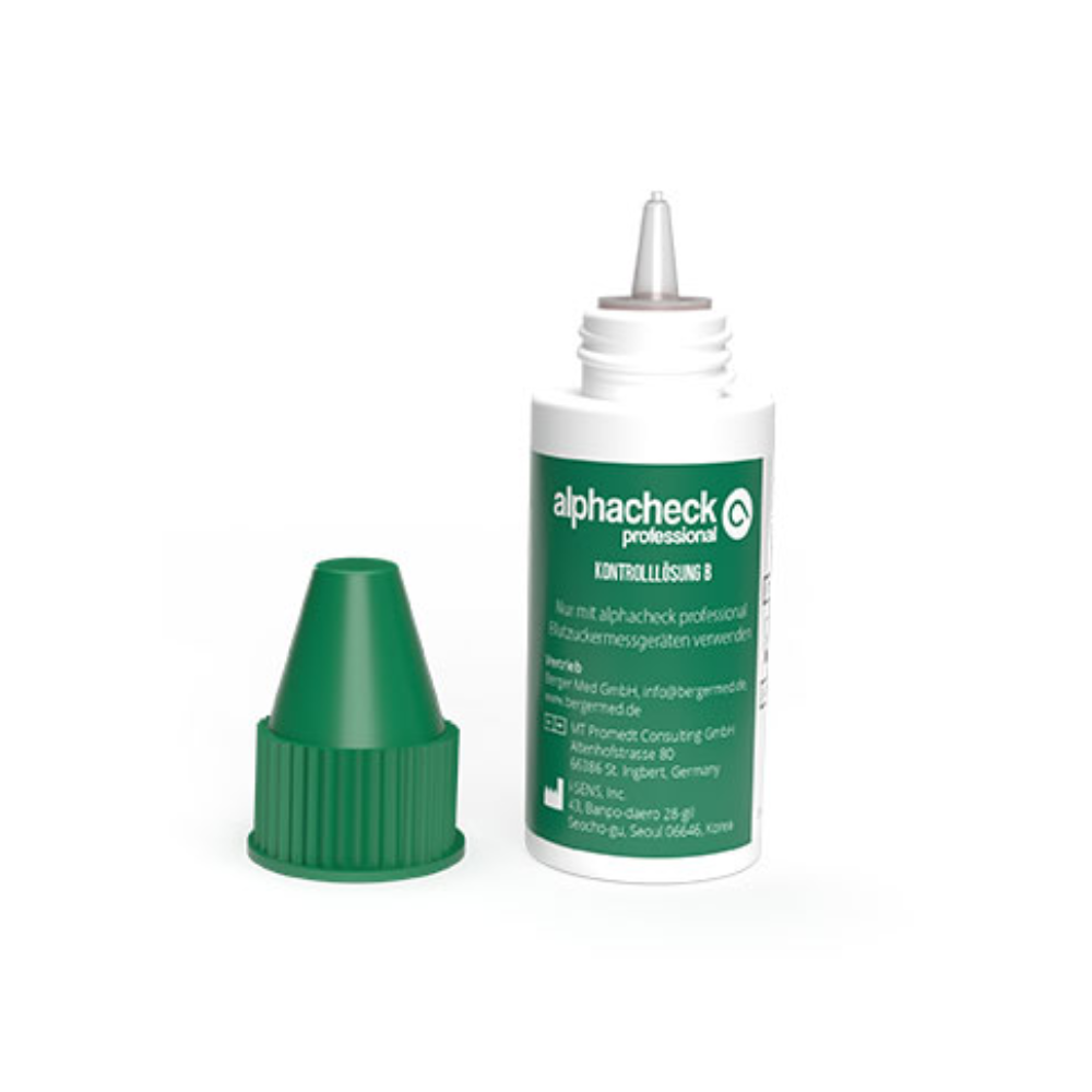 Image of a small white bottle with a green label and green cap, labeled "Alphacheck Professional Control Solution A+ B | Package (2 bottles)." The bottle is open, with the cap lying next to it. The text on the green label appears to be in German. Ideal for use with your blood glucose meter from Berger Med GmbH.