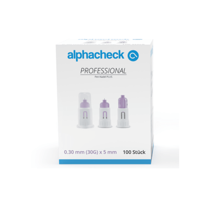 A box of Alphacheck Professional Pen Needles PLUS, various sizes, for insulin injections. The box shows a picture of the sterile needles and lists the size: 0.30 mm (30G) x 5 mm. It contains 100 pieces from Berger Med GmbH.