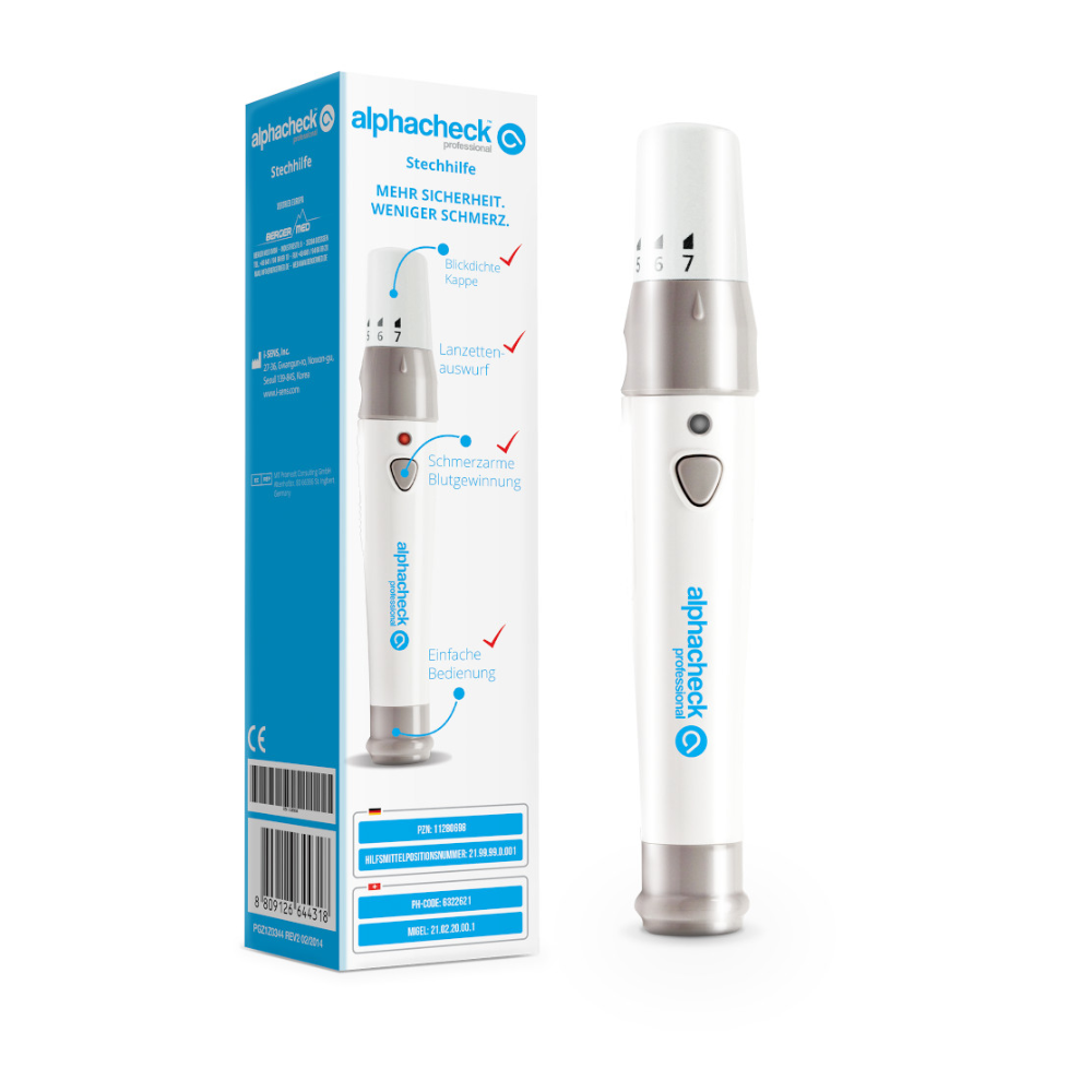 The image shows an Alphacheck professional lancing device | Pack (1 piece) and its packaging for blood glucose measurement. The lancing device is white with silver accents and features a button and an adjustment wheel. The packaging shows the image of the device, the brand name "Berger Med GmbH," and the main functions in German, highlighting user comfort and safety.