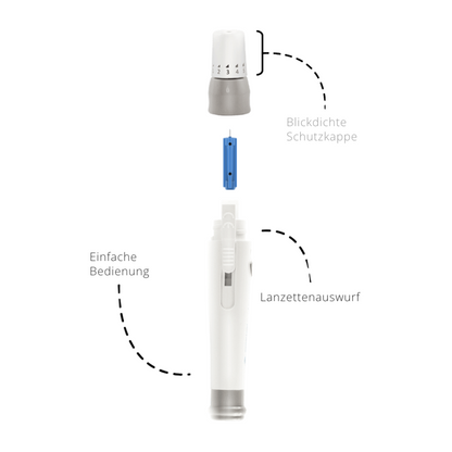 Diagram of the Alphacheck professional lancing device | Pack (1 piece) by Berger Med GmbH with indication of the components. The upper part bears the inscription "Opaque protective cap," the middle part "Easy operation," and the lower part "Lancet ejection." Perfect for blood glucose measurement.
