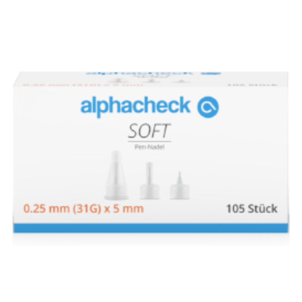 The image shows a box of Alphacheck Soft Pen Needles, various sizes, 105 pieces/pack from Berger Med GmbH. The predominantly white box with blue and orange text contains 105 pieces of 0.25 mm (31G) x 5 mm needles, perfect for insulin injections and with a silicone coating for smoother injections.