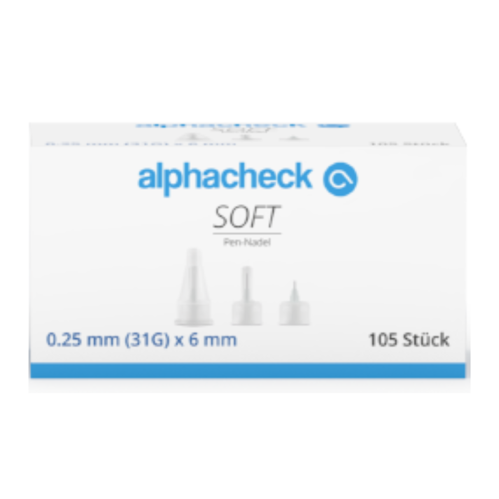 A white box with the inscription "Alphacheck soft Pen Needles, various sizes, 105 pieces/pack" with illustrations of three pen needles indicating the size 0.25 mm (31G) x 6 mm and featuring a silicone coating for gentle insulin injection. The box contains 105 pieces from the brand Berger Med GmbH, with text mainly in blue and gray.