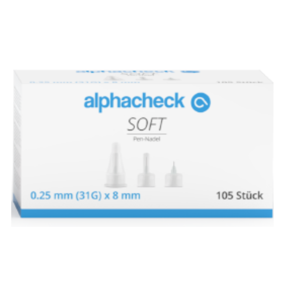 A box of Alphacheck Soft Pen Needles, various sizes, 105 pieces/pack from Berger Med GmbH. The white box with blue text indicates that the needles have a diameter of 0.25 mm (31G) and a length of 8 mm and are intended for insulin injection. Each needle has a silicone coating for smooth use. The box contains 105 pieces and has illustrations of the needle components on the front.