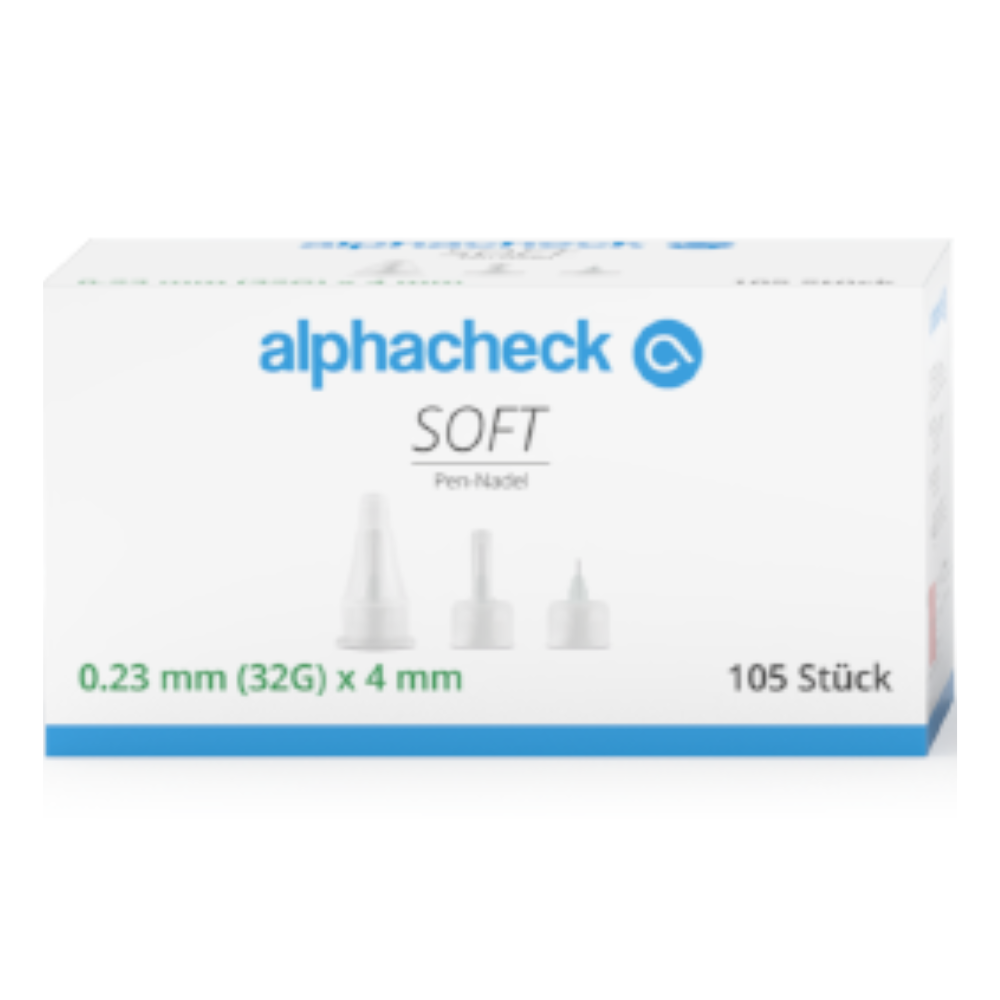 A white box with a blue label "alphacheck SOFT Pen Needle" contains 105 Alphacheck Soft Pen Needles, various sizes, 105 pieces/pack from Berger Med GmbH, with dimensions 0.23 mm (32G) x 4 mm. The needles are ideal for insulin injections and have a silicone coating. The box displays images of the needles, their caps, and text in German on the front.