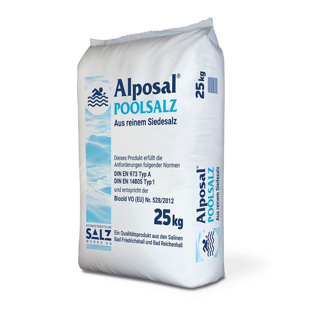 A 25 kg bag of Alposal pool salt from Südwestdeutsche Salzwerke AG is predominantly packaged in white with blue accents and labeled in German. It contains 99.9% sodium chloride for use in salt electrolysis systems and complies with DIN standards as pure evaporated salt for swimming pools.