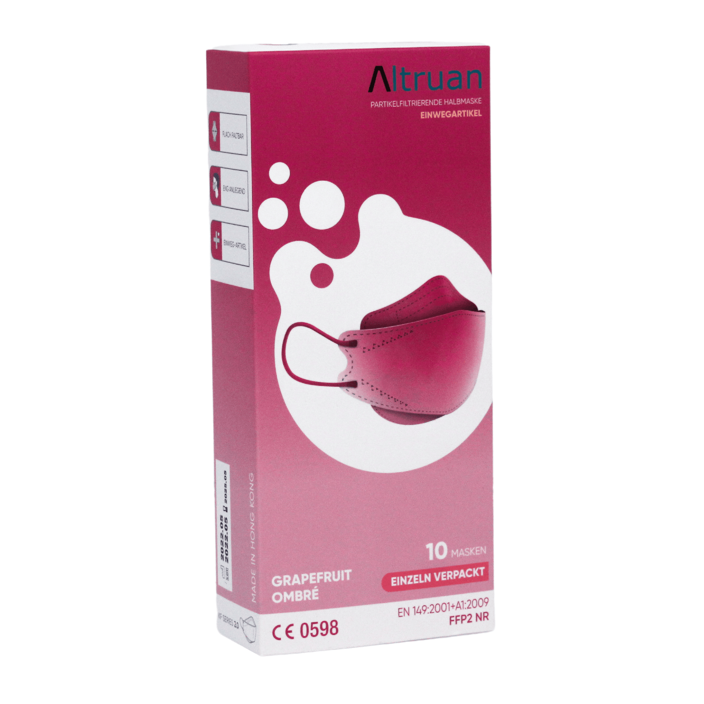 The image shows a box of Altruan designer face mask particle-filtering with a grapefruit ombré design. The predominantly pink and white packaging features a graphic of the masks on the front and indicates that the box contains 10 individually packaged FFP2 NR masks that meet the FFP2 standard.