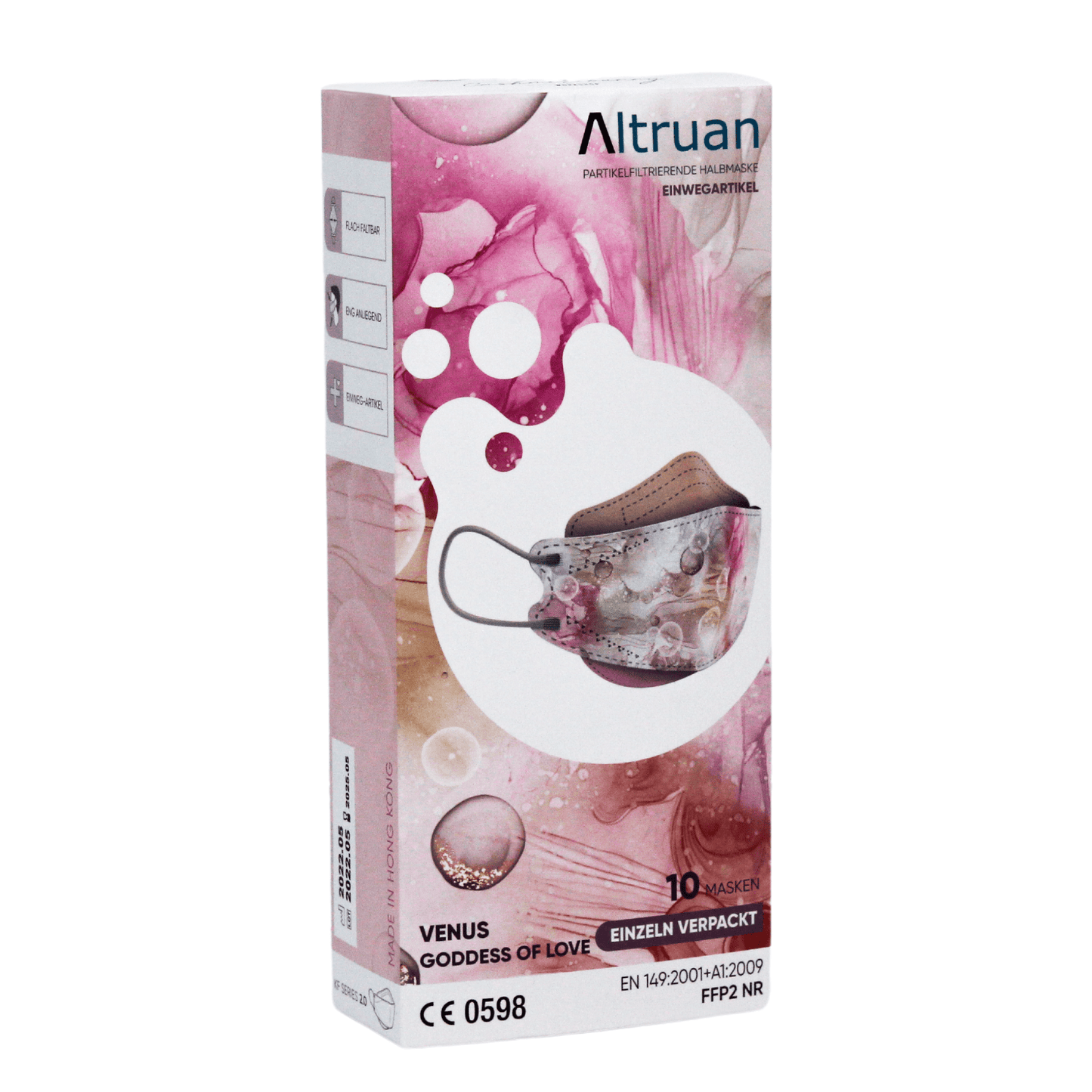 A pack of Altruan designer face mask particle-filtering (FFP2 standard) in the 'Venus Goddess of Love' design offers effective protection. The packaging is predominantly pink with abstract illustrations and meets the FFP2 standard. Inside are 10 masks, one of which features a fashionable floral pattern.