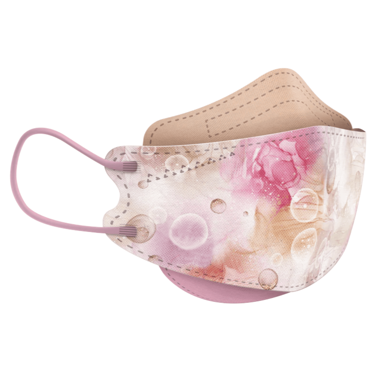 The designer face mask particle-filtering by Altruan, which meets the FFP2 standard, features a fashionable design in pastel colors with bubbles and abstract patterns. This mask provides effective protection with comfortable ear loops and is displayed on a plain white background to highlight its stylish features.