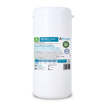 A container with Altrufect® Wipes surface disinfection wipes from Altruan with a white design and blue and green label contains product details, instructions for use, and safety certificates. It is ideal for surface disinfection and contains 150 alcohol-free disinfection wipes.