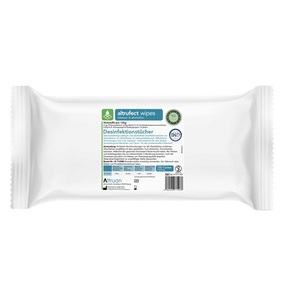 A pack of Altruan Altrufect® Wipes surface disinfection wipes, various variants, with brand and product information on the label. The pack contains 150 alcohol-free disinfection wipes and includes information in German, such as "surface disinfection" and instructions for use. The packaging is predominantly white with green and blue accents.