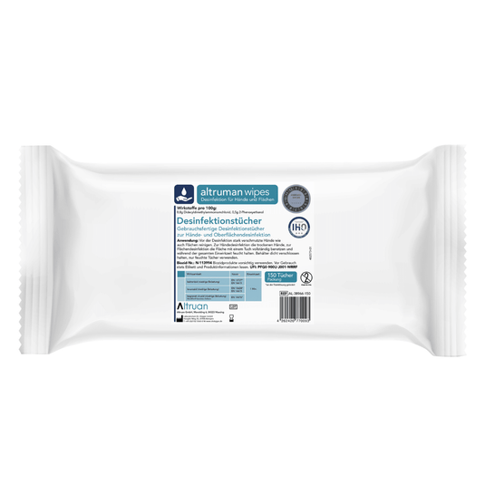 A package of Altruan disinfectant wipes in white packaging. The packaging features the brand name, a product description in several languages, and medical certifications. These alcohol-free disinfectant wipes, labeled as “surface disinfectant,” are available in packs of 150 wipes weighing 1,100 grams and are sold as Altrufect® Wipes, 150-wipe refill pack.