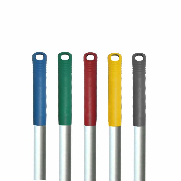 Five Arcora ALUMINIUM HANDLE 140 cm mop handles from Arcora International GmbH are on display, each with a silver rod and a colored plastic handle (blue, green, red, yellow, or gray) as well as an oval hole at the top for easy storage - ideal for all cleaning requirements.