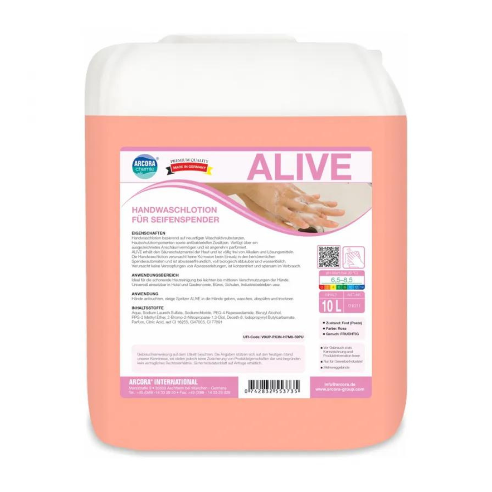 The Arcora Alive hand wash lotion for soap dispensers by Arcora International GmbH in a 10-liter container is a pink, biodegradable liquid soap with a label containing product information, application instructions, and hand washing tips.