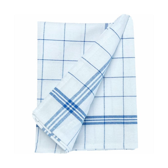 The Arcora Profi Blue-and-White Dish Towel by Arcora International GmbH (pack of 10) is made of white cotton with a blue checkered pattern and stripes—perfect for lint-free drying, presented against a simple white background.