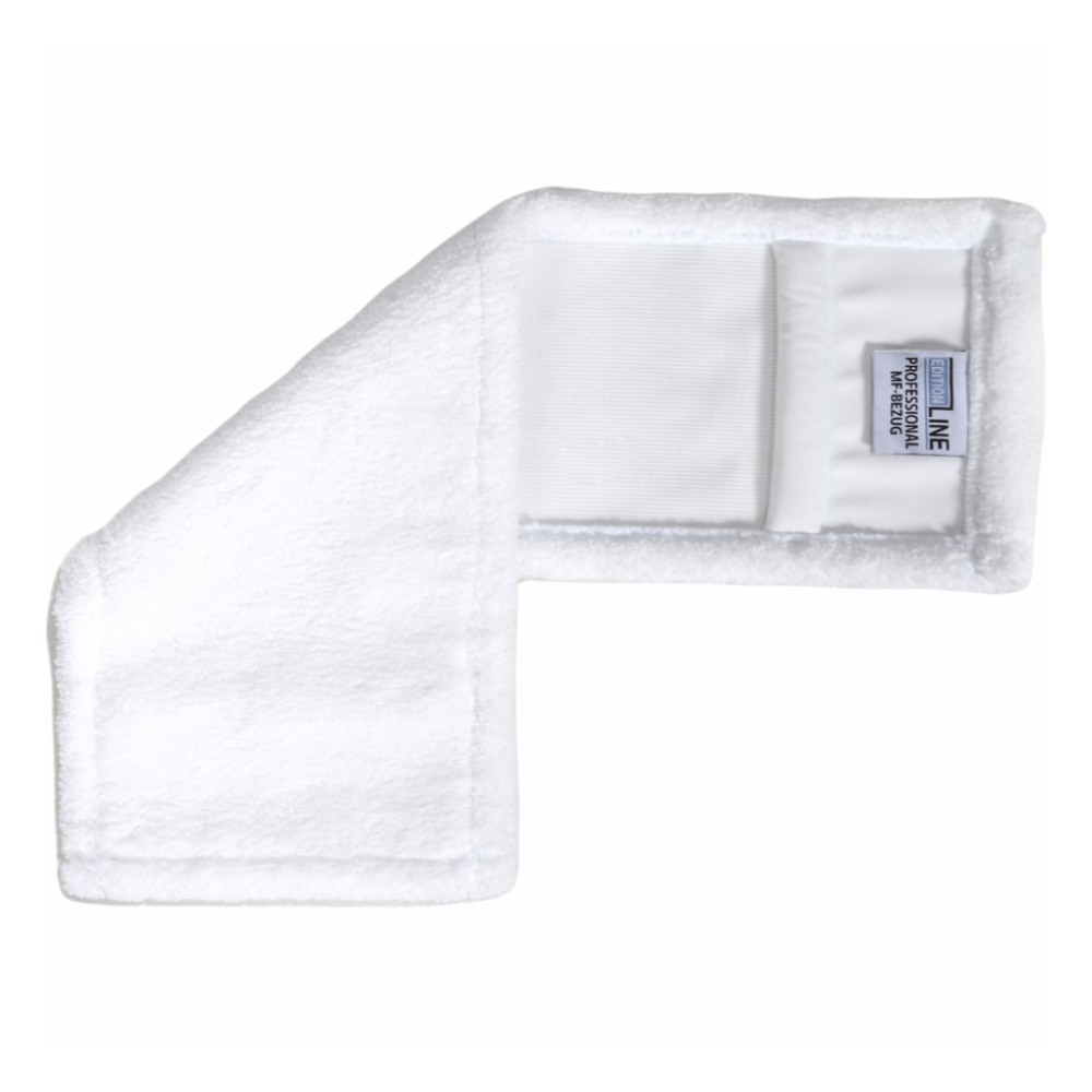 The Arcora Professional Mf cover by Arcora International GmbH, a white L-shaped terry cover for maintenance cleaning, is depicted on a white background. Its sewn-on label with blue lettering "PROFESSIONAL LINE" emphasizes its quality.