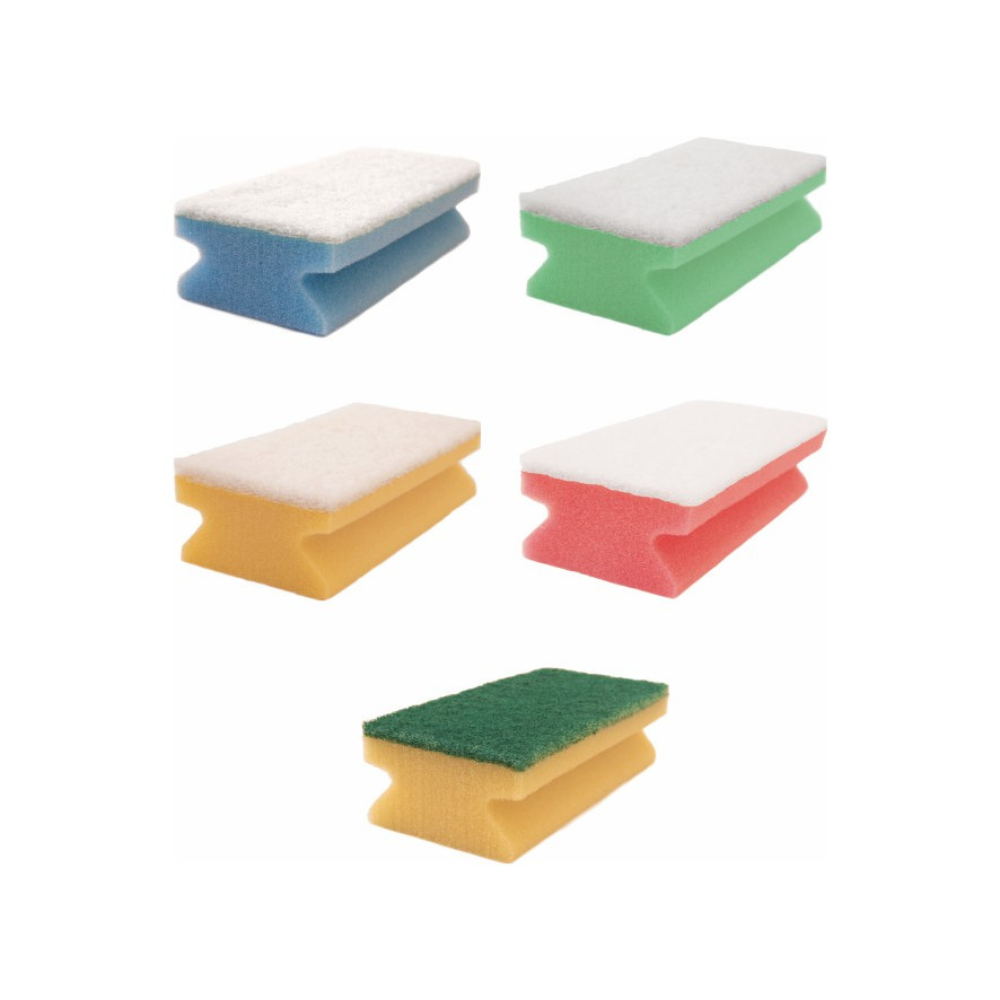Five Arcora professional grip fleece sponges in different colors – blue, yellow, green, pink, and orange – are pictured on a white background. They offer excellent water absorption and have a rough scouring surface, except for the green one, which matches the color. Available in a pack of 10 at Arcora International GmbH.