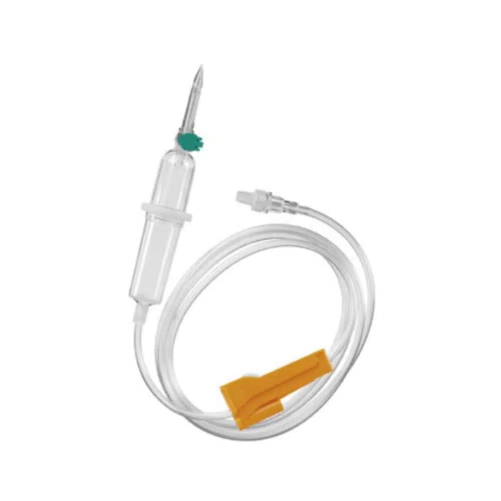 The image shows the B. Braun Intrafix® Air P infusion set with a transparent, flexible tube, a drip chamber, and a spike for inserting the fluid bag. This pressure and gravity infusion system features an orange roller clamp for flow control, all neatly coiled on a white background.