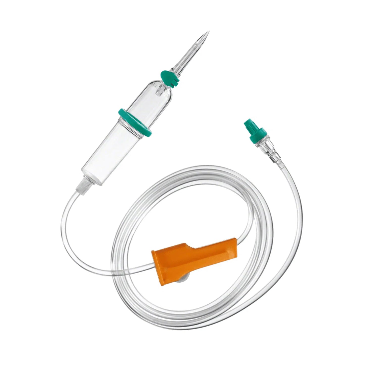 The B. Braun Intrafix® SafeSet infusion set from B. Braun Deutschland GmbH & Co. KG is an intravenous (IV) administration set that includes a clear drip chamber, a needle, and a long flexible tube with an orange roller clamp for precise flow control. This set also features an AirStop filter membrane and a green connection port suitable for pressure and gravity infusions.