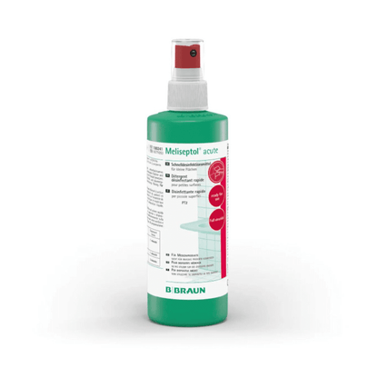 The B. Braun Meliseptol® acute surface disinfection from B. Braun Deutschland GmbH & Co. KG is designed for alcohol-resistant surfaces and is delivered in a green-white bottle with a red nozzle. The label contains detailed application instructions as a comprehensively virucidal surface disinfectant as well as safety information.