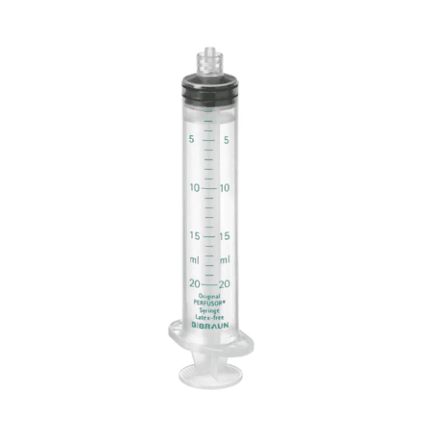 The "Original-Perfusor® syringe" from B. Braun Deutschland GmbH & Co. KG is a syringe made of robust polypropylene in a clear design with a black plunger and milliliter markings up to 20 ml, complete with a Luer-lock fitting. This product is latex-free.