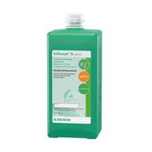 Depicted is a green bottle labeled "B. Braun Softasept® N skin disinfectant, colored", manufactured by B. Braun Deutschland GmbH & Co. KG. It contains a disinfectant solution for skin application (skin disinfection), particularly 2-propanol and ethanol, known for their antibacterial effectiveness. The label also includes application instructions and safety information.