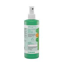 A bottle of B. Braun Softasept® N skin disinfectant, colored by B. Braun Deutschland GmbH & Co. KG, is a green virucidal disinfectant spray for effective skin disinfection. The bottle includes a spray nozzle and labels with text and symbols in multiple languages.