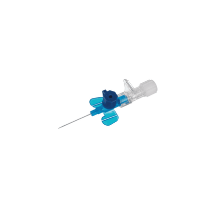 The B. Braun Vasofix® Safety safety intravenous cannula from B. Braun Deutschland GmbH & Co. KG features a transparent body with a blue plastic core, wings for easy handling, and is equipped with a white cap. Its construction from FEP catheters guarantees durability and precision in medical applications.