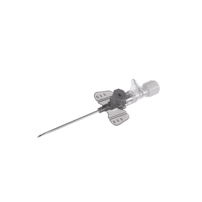 Close-up of a B. Braun Vasofix® Safety safety intravenous cannula with a plastic wing hub and transparent cap. The angled needle features the sharp metal tip characteristic for intravenous use in the medical field, ensuring precision and safety during treatment.