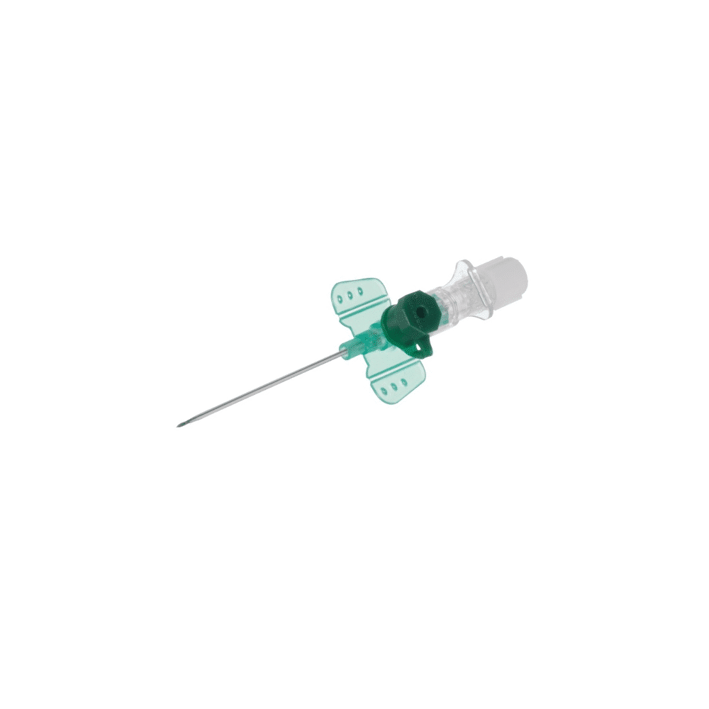 The B. Braun Vasofix® Safety safety intravenous cannula is a medical injection needle with a transparent plastic hub and green grip wings for intravenous use. The metallic needle is shown isolated against a white background.