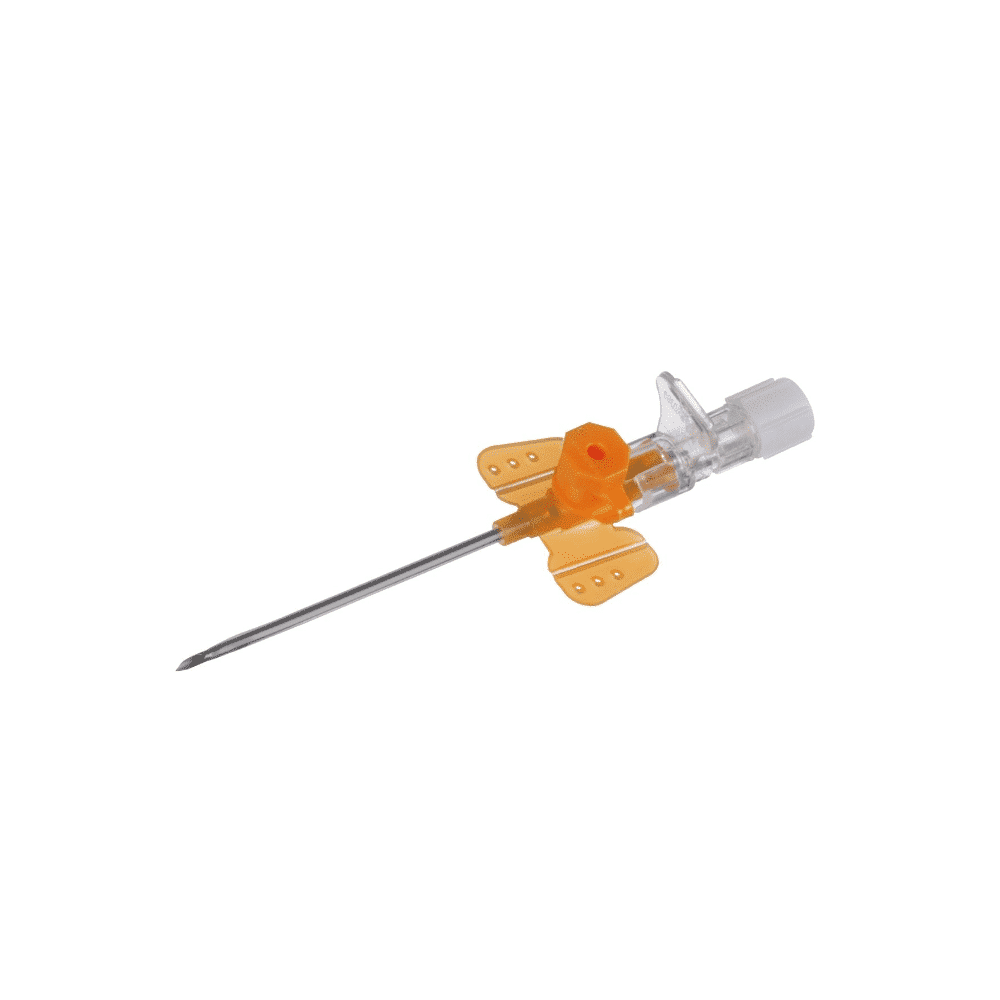 The B. Braun Vasofix® Safety safety intravenous cannula, manufactured by B. Braun Deutschland GmbH & Co. KG, is a medical needle with an orange plastic hub and wings, typically used for intravenous access. It contains an FEP catheter needle attached to a transparent base with a white cap.