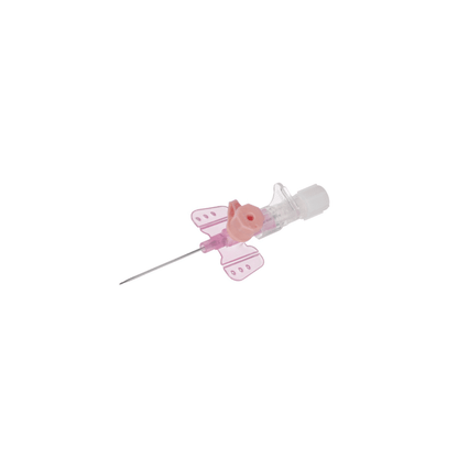 The B. Braun Vasofix® Safety safety intravenous cannula from B. Braun Deutschland GmbH & Co. KG has a pink wing, a clear body, and an integrated needle, specifically designed for intravenous insertion.