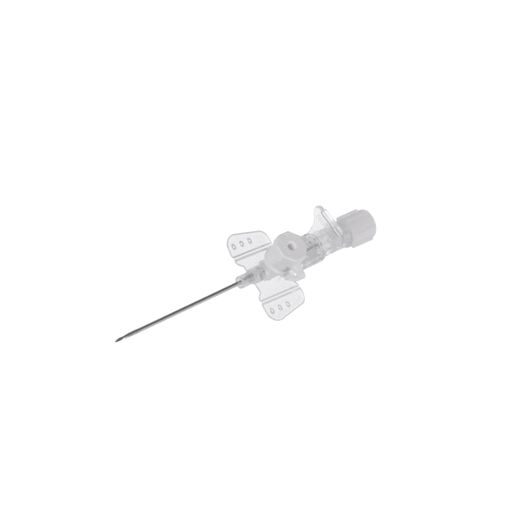 A B. Braun Vasofix® Safety safety intravenous cannula, manufactured by B. Braun Deutschland GmbH & Co. KG, is seen against a plain white background. This transparent medical plastic cannula has a sharp metal tip for intravenous procedures and a cylindrical grip with side wings for better hold and control.