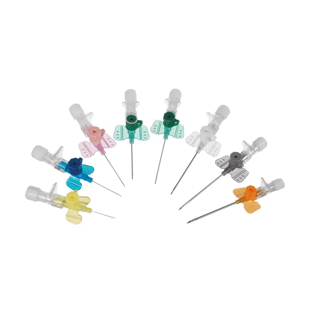 A semicircular arrangement of eight B. Braun Vasofix® Safety intravenous catheters from B. Braun Deutschland GmbH & Co. KG, each with a colored wing in the colors pink, blue, yellow, and green. These FEP catheters are designed for medical applications and ensure safe and effective use.