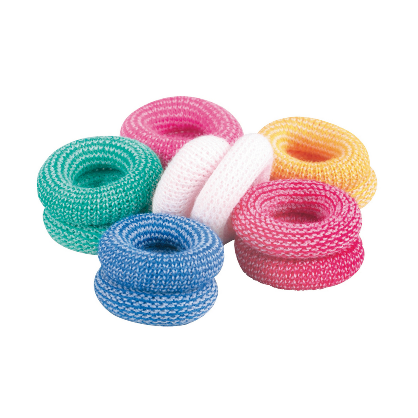 A set of six wrapped bath sponges, imitating the woven texture of the B. Braun Askina® Finger Bob® finger fixation bandage from B. Braun Deutschland GmbH & Co. KG, is presented in a circular arrangement on a white background. The sponges are available in green, pink, white, yellow, blue, and red.