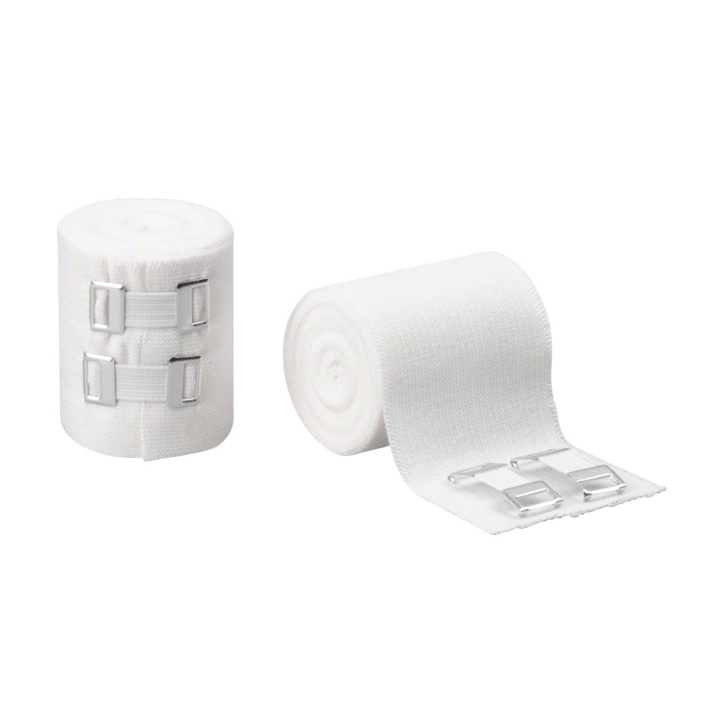 Pictured are two rolls of B. Braun Askina® Ideal DIN-Ideal bandage from B. Braun Deutschland GmbH & Co. KG. One roll is securely wrapped with metal clips, while the other is partially unrolled, revealing its textured, skin-friendly cotton surface. Next to them are two separate metal clips, all set against a plain white background.