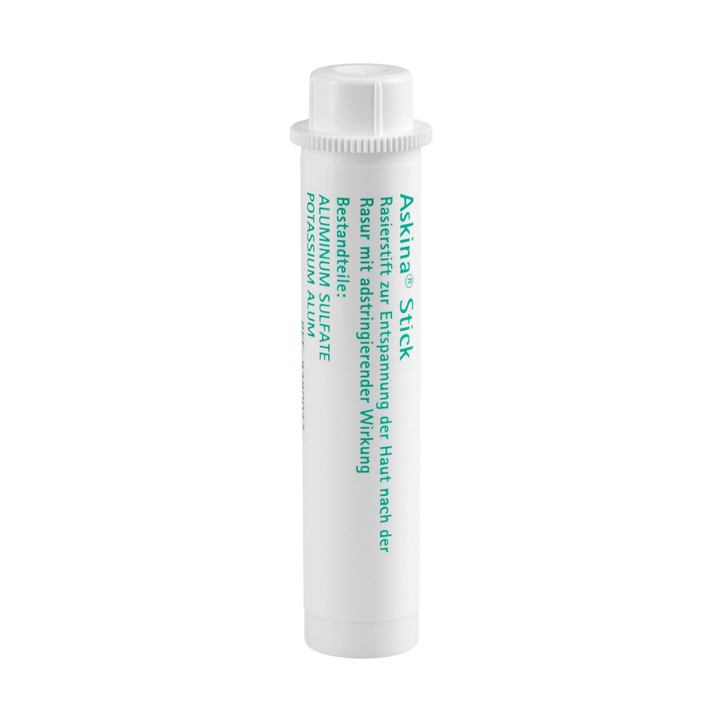 A cylindrical white container with a white lid and green text. The product is labeled "B. Braun Askina® Stick Shaving Stick for Skin Relaxation | 1 Piece" and is offered by B. Braun Deutschland GmbH & Co. KG. It contains aluminum sulfate for effective hemostasis.