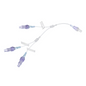 The B. Braun Caresite® small-bore Y-extension set with 3 Caresite® features transparent, branched tubes with purple connectors and three Luer-lock connections. It is compatible with needle-free infusion lines and designed for intravenous therapy in the medical field.