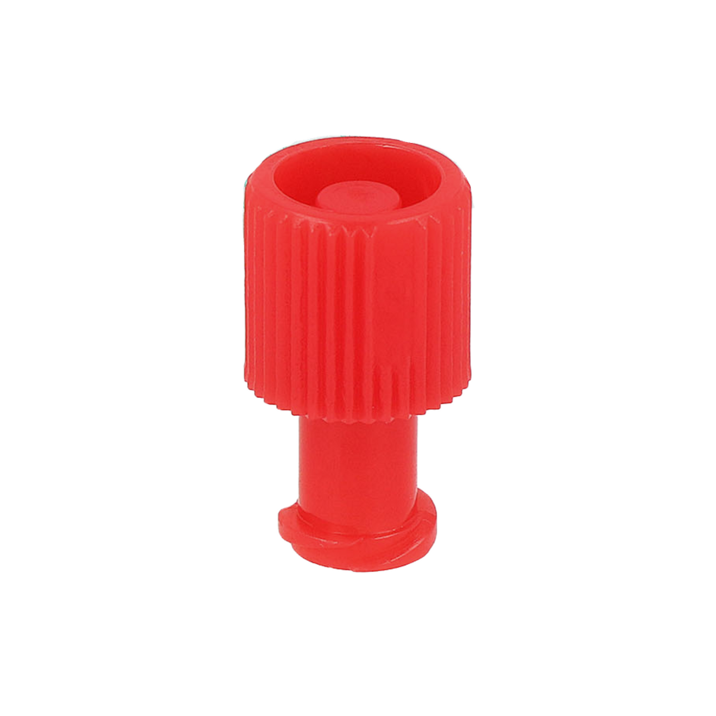 The B. Braun Combi-Stopper closure cone in red from B. Braun Deutschland GmbH & Co. KG features a ribbed, cylindrical design with a wider base and recessed top, ideal for sterile closures. Package contains 100 pieces, isolated on white background.