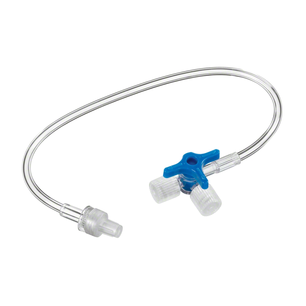 The B.Braun Discofix®-3 three-way stopcock with connecting line blue from B. Braun Deutschland GmbH & Co. KG includes a three-way stopcock with a distinctive blue valve handle, which is connected with a flexible transparent tube. This tube has connectors at both ends and is therefore an indispensable component of fluid management and infusion therapy in the medical environment.