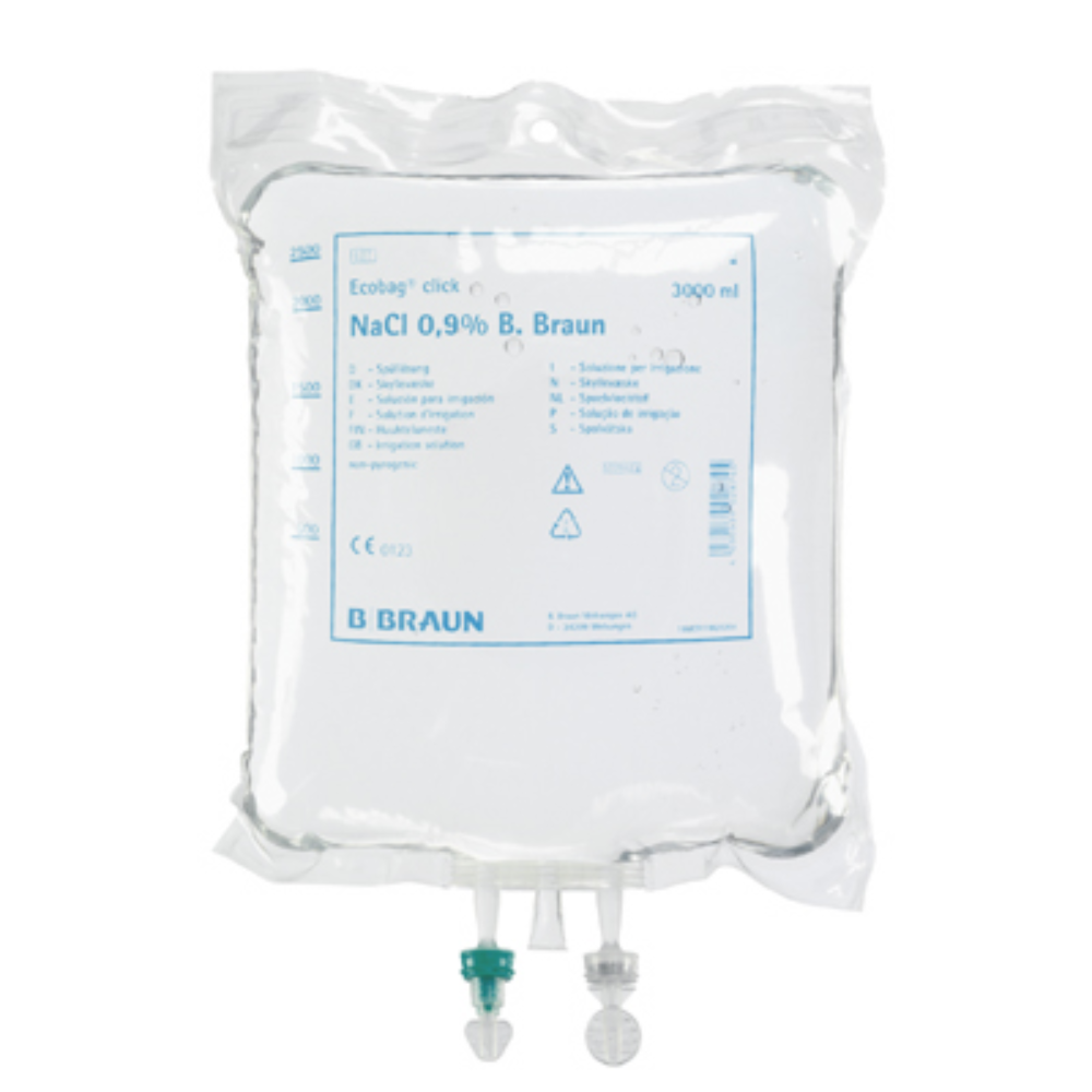 A transparent plastic bag labeled "B. Braun Ecobag® CE Click NaCl 0.9% rinsing solution" from B. Braun Deutschland GmbH & Co. KG contains 5,000 ml of saline solution with two sealed ports; available in a carton with 2 packs (2 x 5,000 ml).