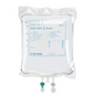 A transparent plastic bag labeled "B. Braun Ecobag® CE Click NaCl 0.9% rinsing solution" from B. Braun Deutschland GmbH & Co. KG contains 5,000 ml of saline solution with two sealed ports; available in a carton with 2 packs (2 x 5,000 ml).