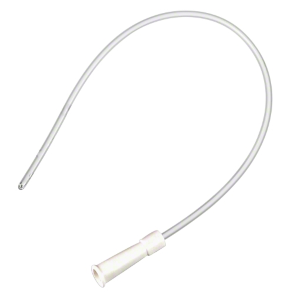 The B. Braun single-use catheter for men with a closed Nelaton tip, offered by B. Braun Deutschland GmbH & Co. KG, is a 40 cm long, transparent plastic tube with a slightly curved shape. It has a smooth, rounded end on one side and an open, funnel-shaped end on the other, ensuring flexibility and allowing for gentle catheterization suitable for medical or laboratory use.