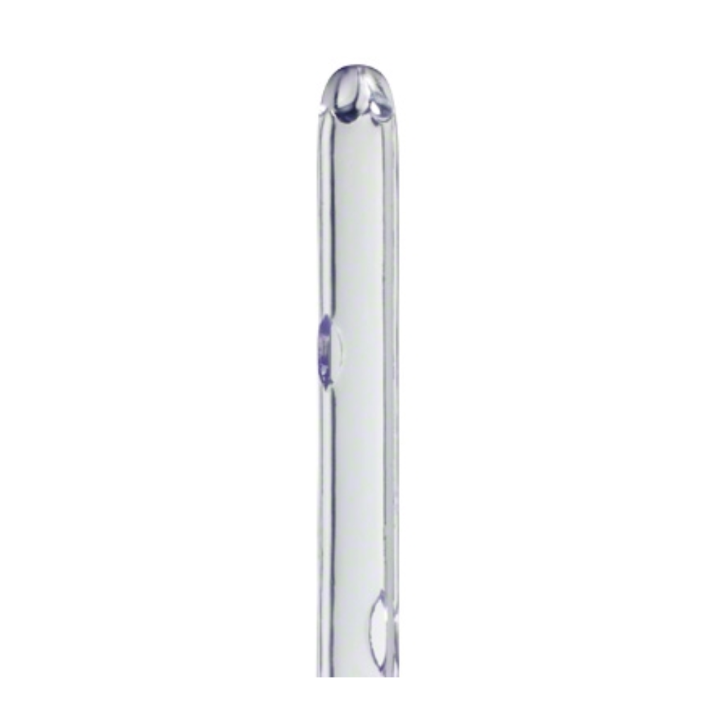 Close-up of a transparent glass thermometer focusing on the upper part, reminiscent of the rounded design of the B. Braun single-use catheter for men with a closed Nelaton tip, 40 cm, manufactured by B. Braun Deutschland GmbH & Co. KG for gentle procedures. The plain white background emphasizes the delicate craftsmanship.