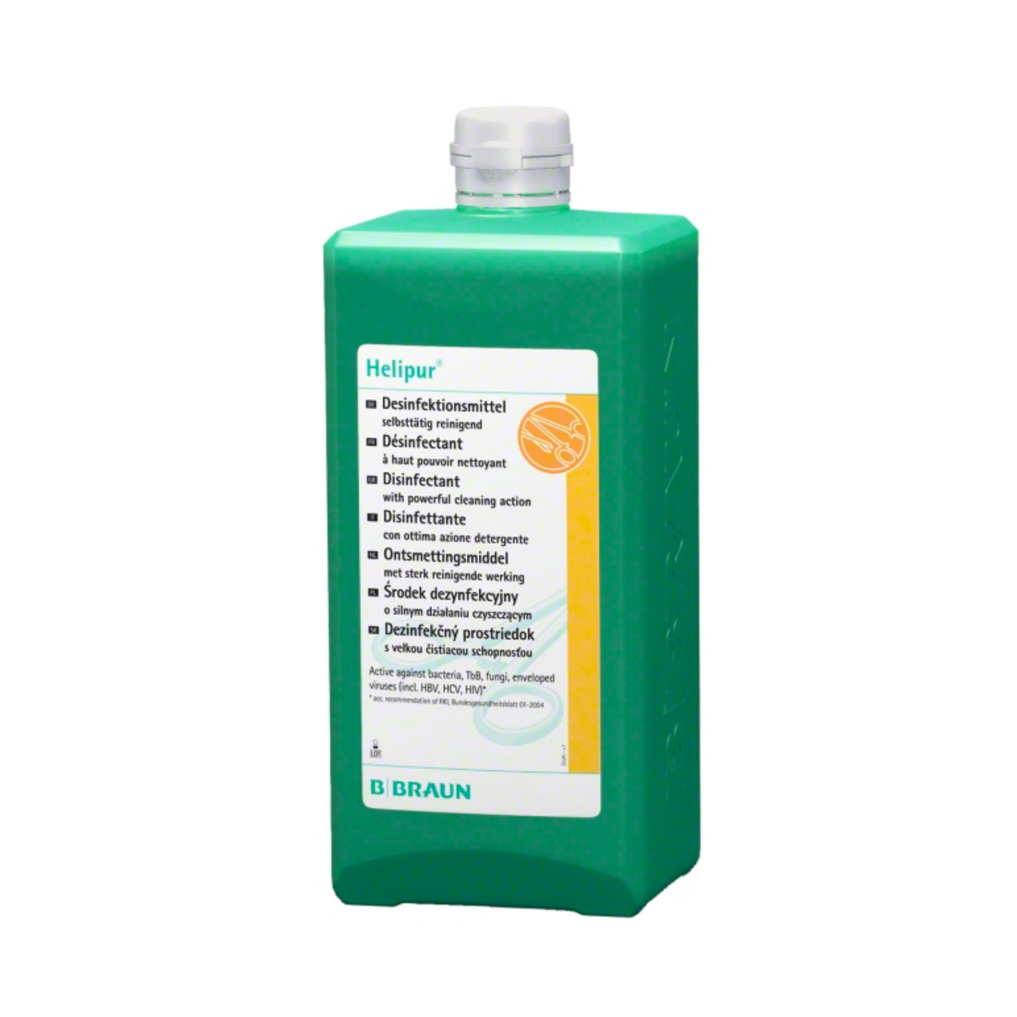 The B. Braun Helipur® instrument disinfectant (1000 ml) is a green bottle with a white screw cap, featuring multilingual information about disinfection properties and active ingredients in orange-white accents. Manufactured by B. Braun Deutschland GmbH & Co. KG.