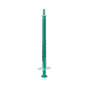 The B. Braun Injekt®-F Solo without needle, two-part single-use fine dosing syringe from B. Braun Deutschland GmbH & Co. KG is a transparent plastic syringe with a green plunger and black measurement markings. This sterile 1-ml single-use syringe is photographed standing upright against a plain white background, ideal for precise dosing.